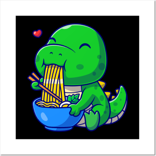 Cute dino eating ramen noodles cartoon Posters and Art